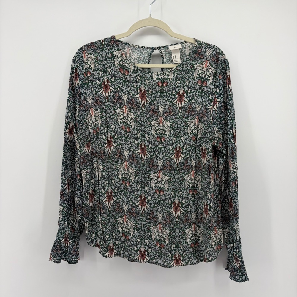 Morris & Co x H&M Womens Size 14 Green Floral Blouse Botanical Smocked Ruffle